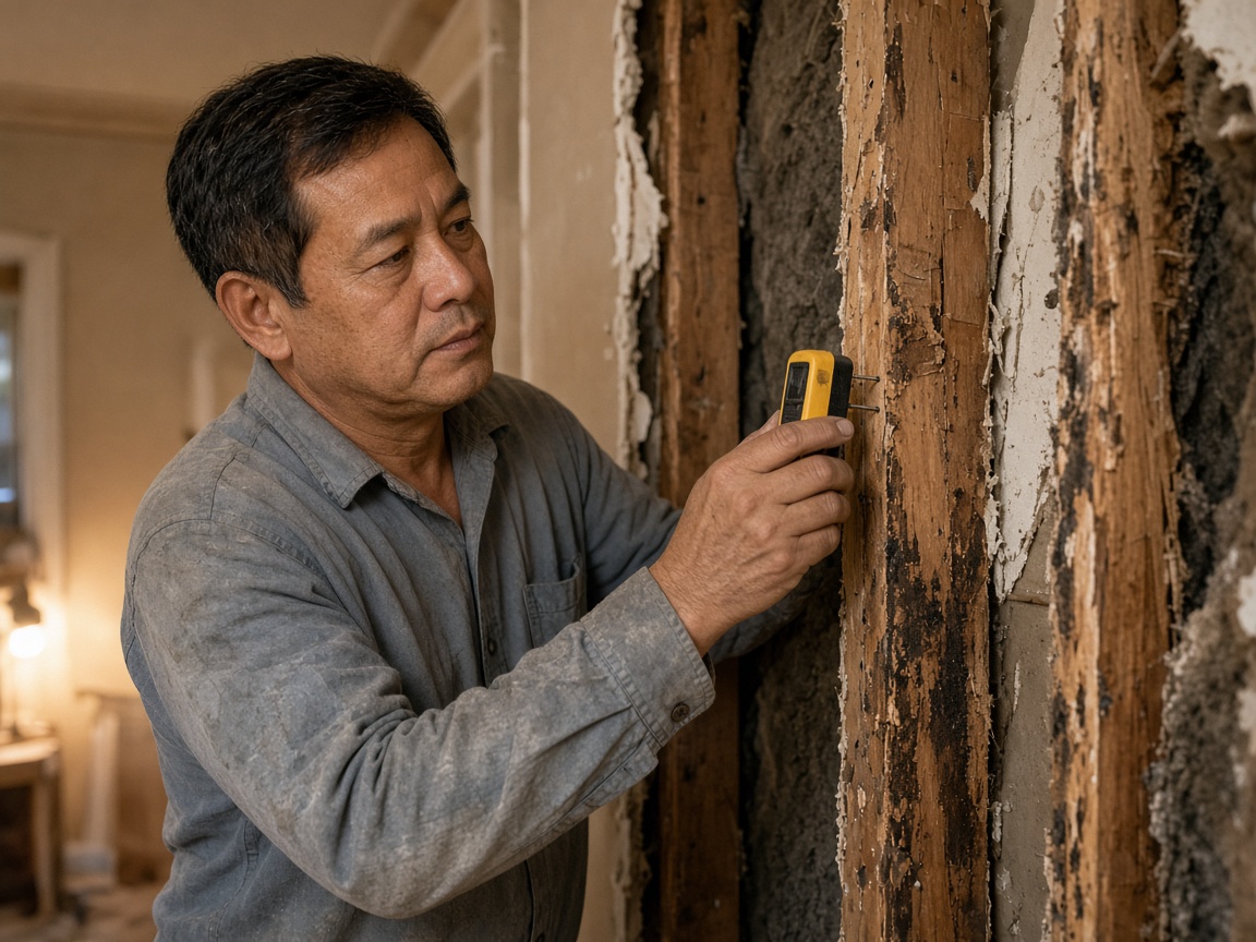 Dat Nguyen reading a moisture meter on exposed studs